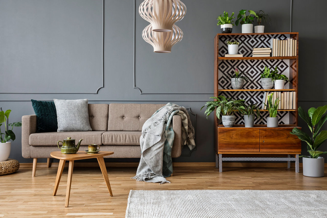 Pillows and blanket on beige couch in grey living room interior with wooden table and plants. Real photo