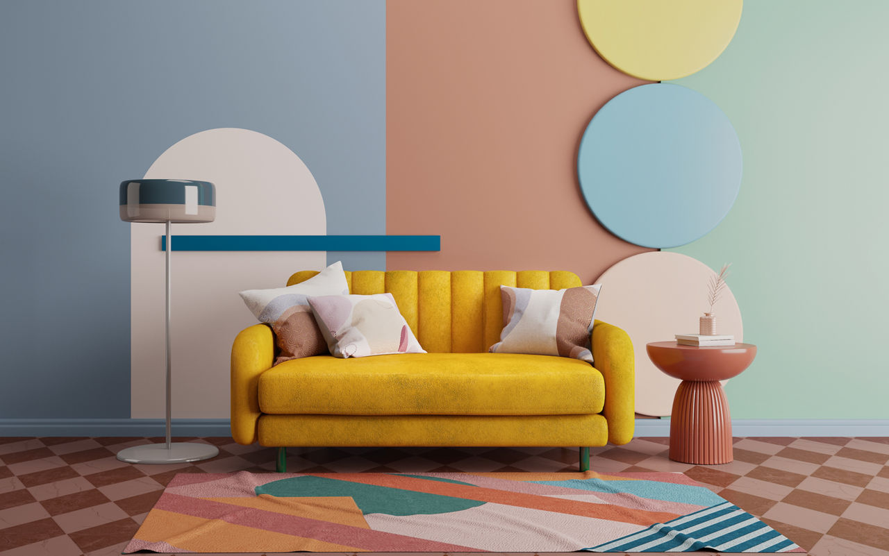 Midcentury modern interior design with yellow sofa and decoration wall.3d rendering