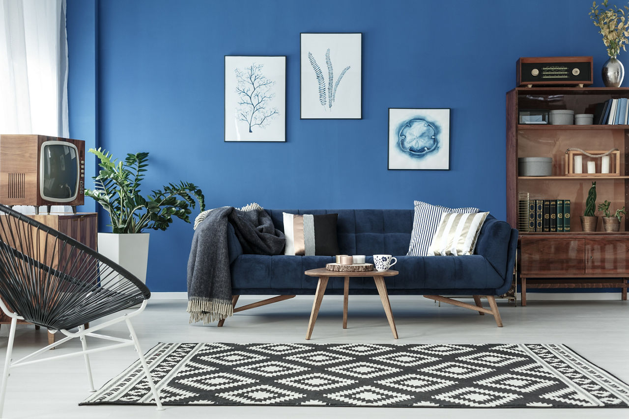 Blue up-to-date decor of lounge with blue sofa and patterned carpet