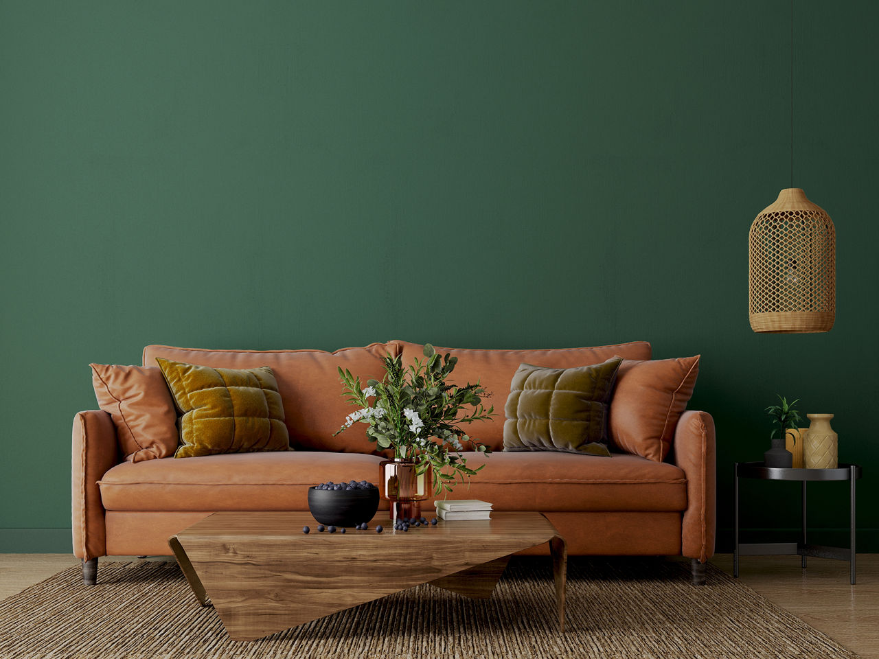 Green living room with orange sofa and table.3d rendering