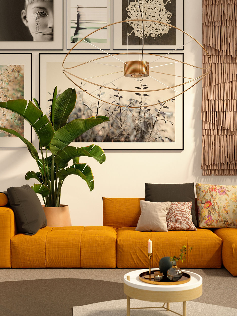 3D render of a cozy home interior. All framed images are my own and can be found in my portfolio.